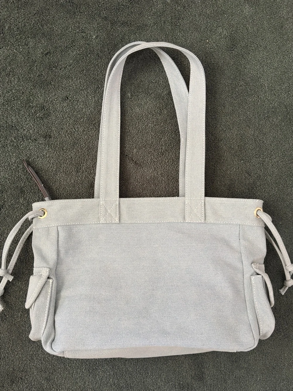 True Religion Light Gray Canvas Tote with Front Pockets and Gold Hardware